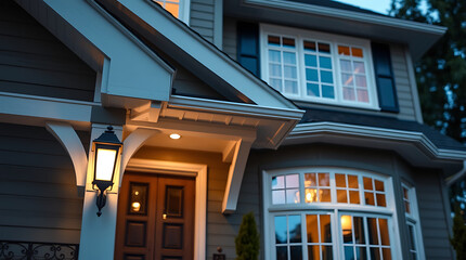 Obraz premium Exterior View of Two-Story House at Night