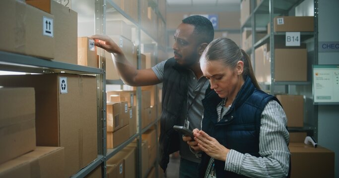 Multiethnic Warehouse Associates Scanning Cardboard Box with E-Commerce Online Goods Using Smartphone, Checking Information, Preparing for Shipping to Customer. Sorting Center of Delivery Service.