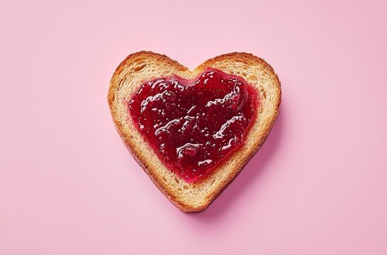 Una fetta biscottata con marmellata alla fragola, a forma di cuore su sfondo rosa, in stile minimalista per una colazione romantica