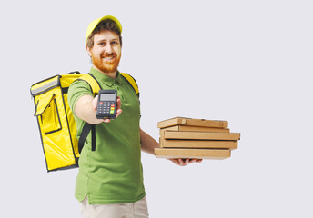 Food delivery courier holding a POS terminal
