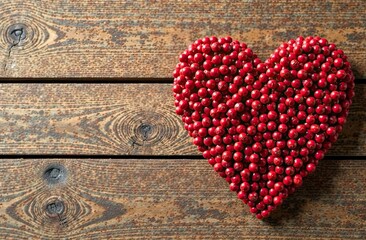 Red cranberries arranged in a heart shape on a wooden background. Perfect for Valentine's Day theme. copy space