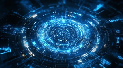 A futuristic digital interface with glowing blue patterns and circular designs.