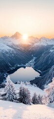 Obraz premium Majestic winter sunrise illuminating snowy mountains and serene alpine lake with cozy chalet