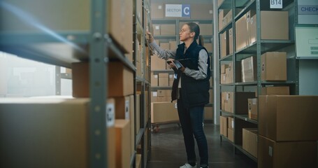 Female Sorting Center Employee Scans Parcels with Online Orders, Checks Information on Tablet Computer, Takes Package from Shelf for Delivery to Client. Warehouse Retail Facility of E-Commerce Store.