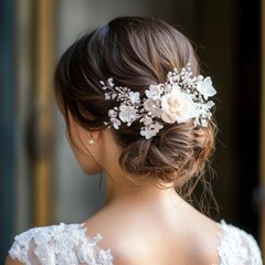 Naklejka premium Elegant Bride with Floral Hairpiece, Romantic Wedding Portrait