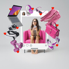 Happy young woman doing online shopping