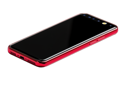Modern red smartphone with blank screen isolated on transparent background