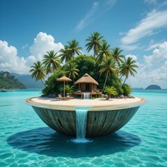 Surreal Tropical Island in a Coconut Shell with Turquoise Waters, Cascading Waterfall, Palm Trees, and Cozy Wooden Hut &ndash; Fantasy Nature Art