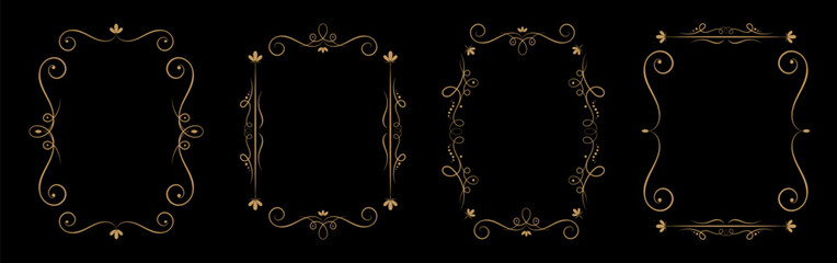 Gold frames set in Vintage style. Isolated antique borders on black background. Vector illustration