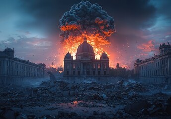 Obraz premium Dramatic Explosion Behind Historic Building in Ruins Illuminated by Fiery Sky