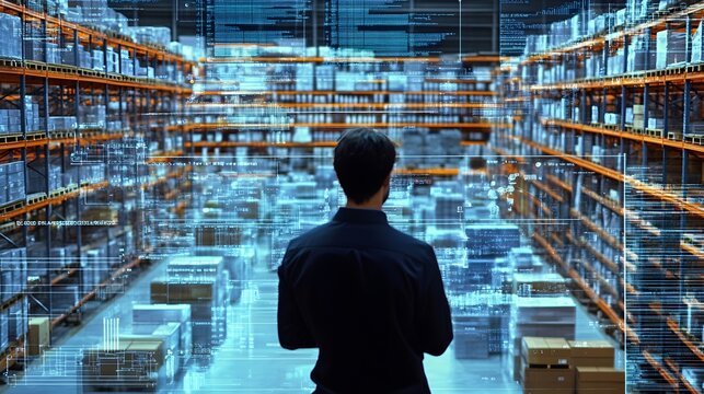 A logistics manager monitoring inventory levels on a digital dashboard, displaying real-time data on supply quantities and locations within a warehouse. Rows of organized shelves with labeled 