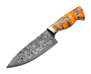 Damascus steel chef knife showcase kitchen counter product minimalist setting close-up culinary craftsmanship isolated on transparent background png