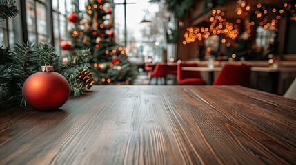 Festive Christmas Ornament on Wooden Table in Restaurant