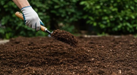 Gardener using trowel for mulching in a garden bed