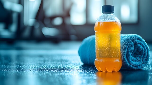 A vibrant bottle of sports drink rich in electrolytes sits on a gym floor beside a towel and water droplets, highlighting the product's role in maintaining electrolyte balance during intense 
