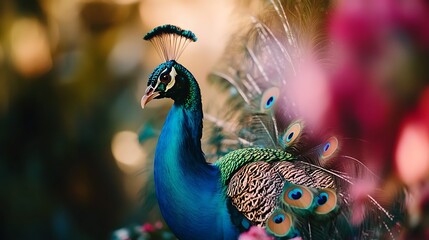 Majestic peacock displaying vibrant plumage amidst blurred pink flowers.