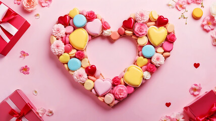 Obraz premium Valentines Day flat lay with colorful macarons, flowers, and small gifts on a pink background