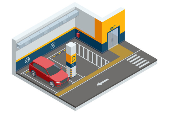 Isometric vector illustration of an indoor parking space with marked slots, a clearly labeled exit, and modern parking layout for efficient traffic flow