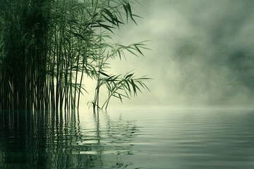 Obraz premium Tranquil Bamboo Grove Reflecting in Misty Water for Nature and Zen Themes