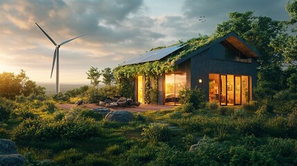 Obraz premium Eco-friendly house, sunset, wind turbine, hillside, sustainable living