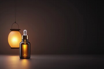 A glass dropper bottle with a golden liquid sits on a surface beside a softly glowing lantern against a dark background.