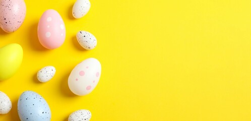 Easter decor concept. Top view photo of easter eggs on color background