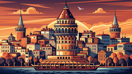 Fototapeta premium Galata (Kulesi) tower, a historical building with a view of Karaköy in the Beyoğlu district of istanbul. Sunset view
