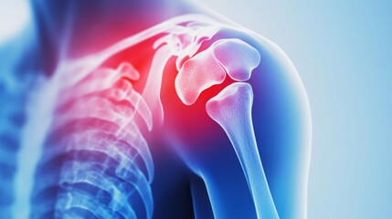 This x-ray reveals the shoulder joint with an emphasis on a possible injury. The skeletal structure is outlined clearly, showing the shoulder blade and accompanying bones.