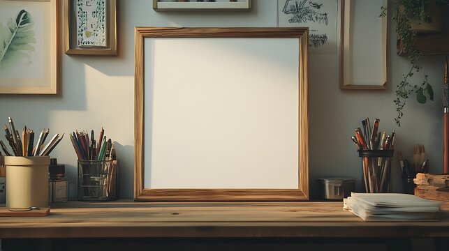 A clean and minimalistic mockup with a blank template on a wooden desk, surrounded by office supplies, offering a versatile background for design purposes. 