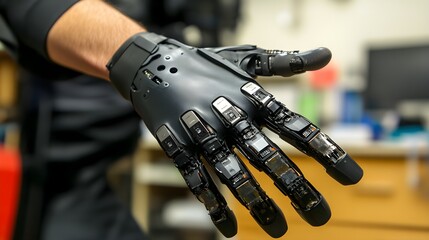 A close-up of a bionic hand moving autonomously, with visible sensors and mechanical components working seamlessly, illustrating how automation in bionic systems enhances human capabilities. 