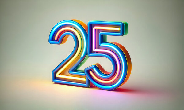Die Zahl 25 in bunter Neonschrift auf hellem Hintergrund, copy space