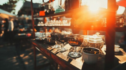 Glasses on outdoor shelf at sunset