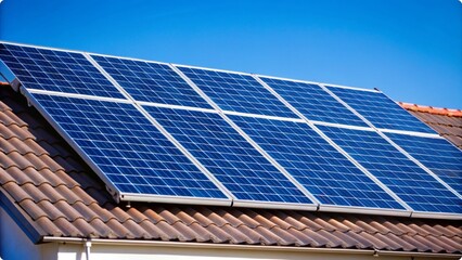 Clean Energy Solar Panels on a Roof Shining Brightly under a Blue Sky  Sustainable Power Eco Friendly Home