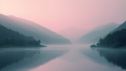 Serene Sunrise Lake in Misty Pink Mountains, Minimalist Landscape Photography