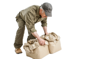 Worker Handling Packaging Bags - Transparent Background