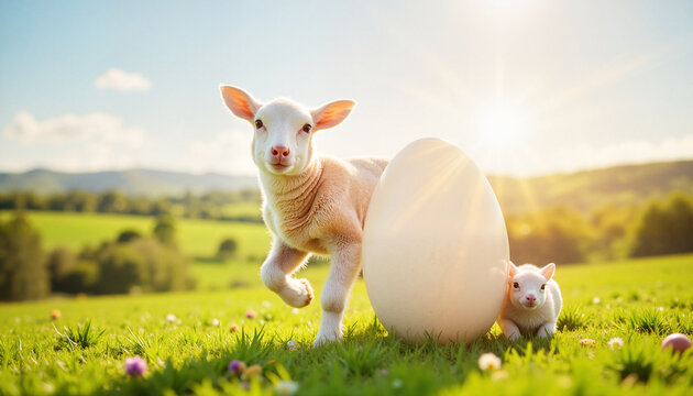 Playful lamb beside giant Easter egg in sunny hillside, spring celebration