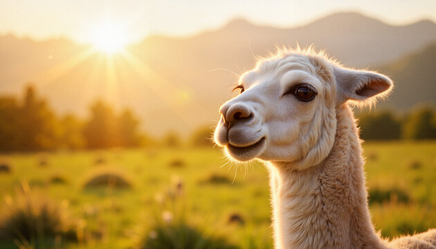 Llama gazing peacefully in highland meadow at sunrise, serene beauty - Powered by Adobe