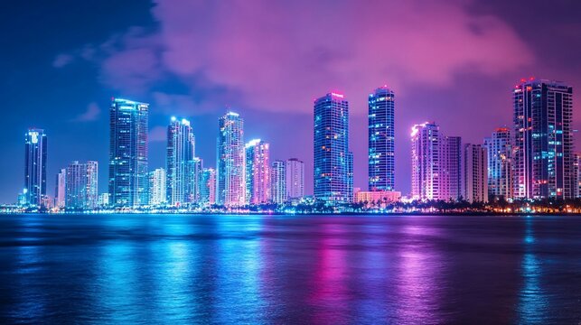 Neon Miami skyline night cityscape reflection