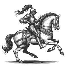 medieval knight in full armor riding a rearing horse, showcasing intricate, vintage engraving details sketch engraving generative ai vector illustration. Scratch board imitation. Black and white image