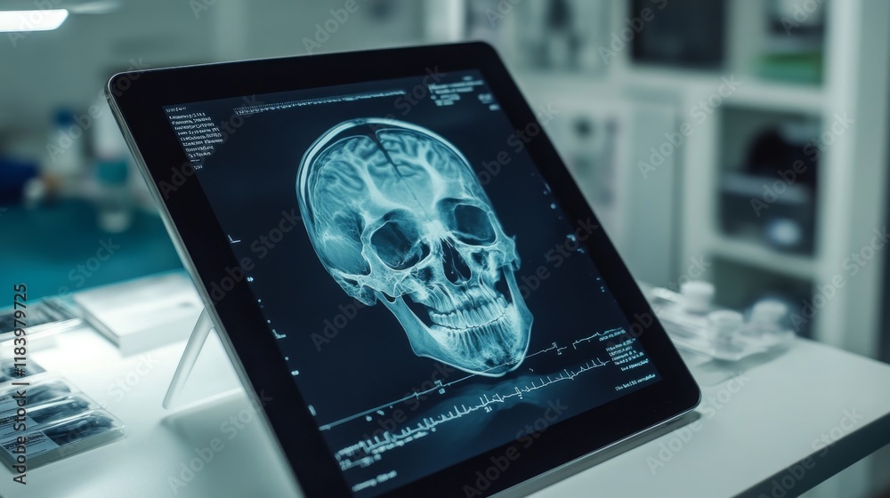 Aufkleber a detailed x-ray scan of a human skull is shown on a tablet in a medical environment, highlighting t