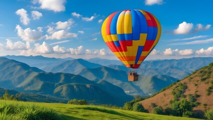 Fototapeta premium Amazing view of mountains with colorful hot air balloon. Travel concept. Artistic picture. Beauty world. Ai Generative.