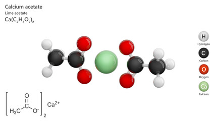 Molecule: Calcium Acetate. E263 food additive. Molecular structure. Formula: C4H6CaO4. Chemical model: Ball and stick. White background. 3D illustration.