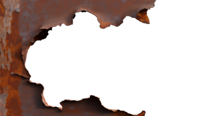 Rusty metal with irregular holes on on transparent background