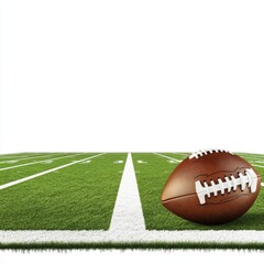 Obraz premium A football rests on a green turf field, featuring white yard lines, ready for play in a sport-focused setting.