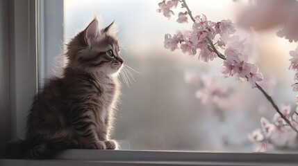 Fluffy Kitten Sitting Gracefully on a Neutral-Toned Windowsill, Gazing at Blooming Cherry Blossoms in Soft Sunlight