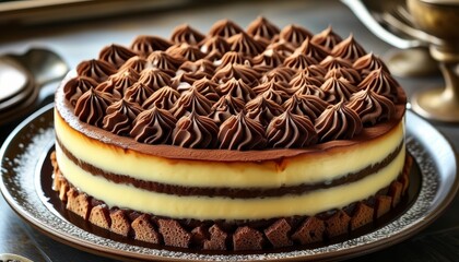 Decadent Chocolate Cake with Creamy Layers and Elegant Whipped Topping Presentation