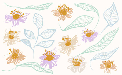 Hand drawn spring flowers on blush background berries leaf floral pattern. Vector pastel flowers hand drawn brush stroke, ink of spring chrysanthemum flowers. Dry brush style floral motives.