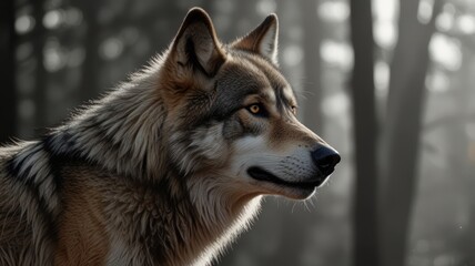 Obraz premium Majestic wolf in forest, profile view.