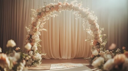 A professional event planner setting up a beautiful arch backdrop for a wedding reception, emphasizing the ease and convenience of an arch rental service that adds style to any event. 