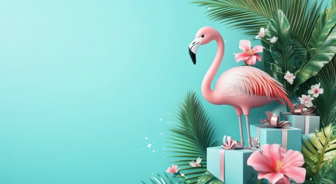 Exotic tropical summer travel background. Summer beach party concept. Summer sale. Pink flamingo in sunglasses, tropical leaves, palm branches on blue background